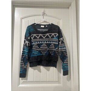 Vintage Women’s Geometric Sweater Blue Gray Black Fair Isle Crew Neck Sz S